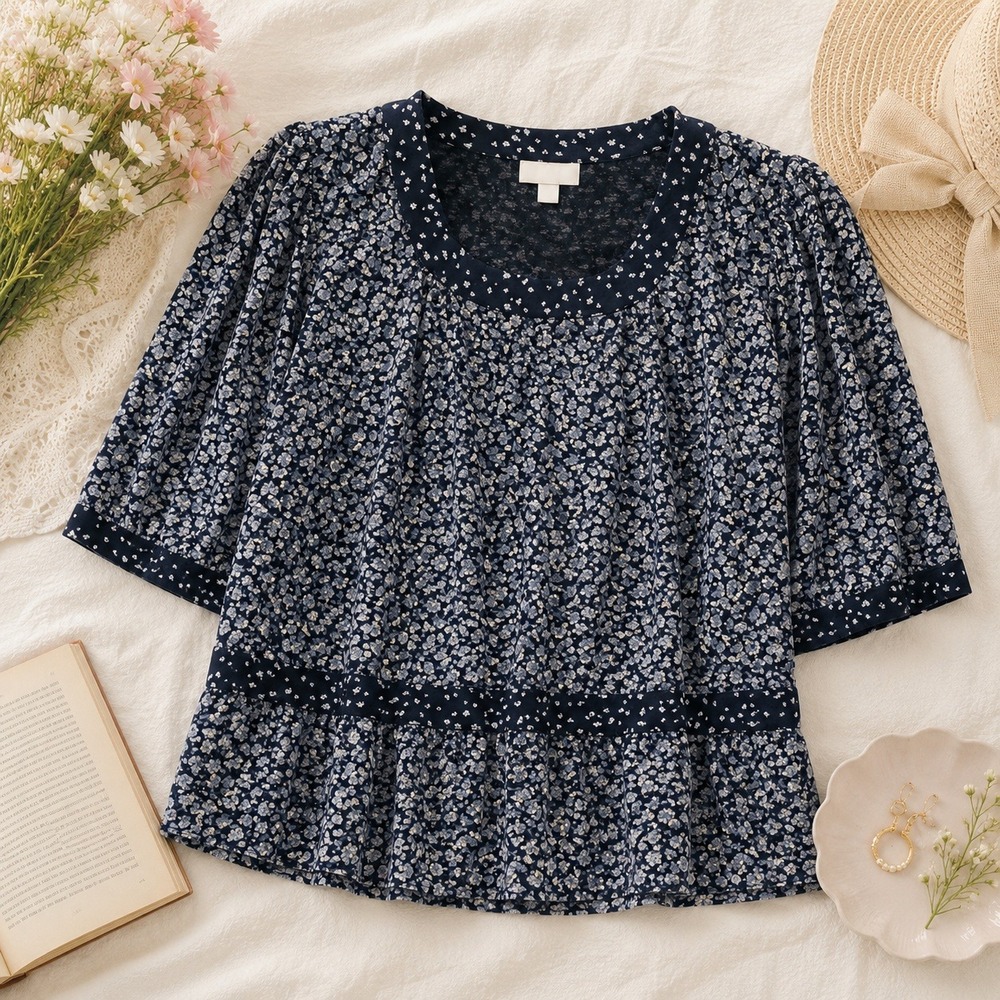 J. Jill Navy Blue Floral Square Neck 3/4 Sleeve Knit Top XS Cotton Tencel Modal